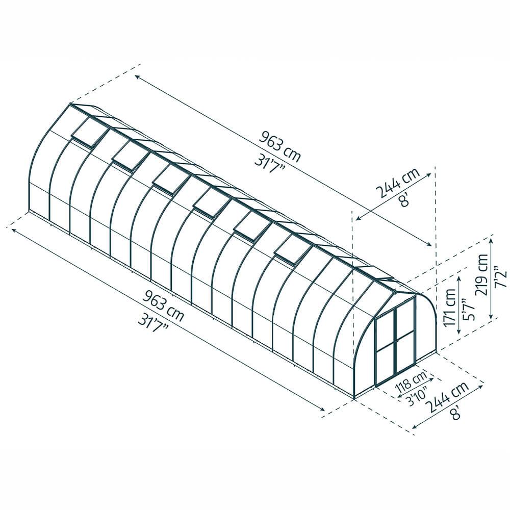 Schéma technique d'une serre tunnel avec les dimensions indiquées : longueur de 963 cm (317 pouces), largeur de 244 cm (8 pieds), hauteur de 171 cm (5 pieds 7 pouces) au sommet et 219 cm (7 pieds 2 pouces) à la porte. La porte mesure 118 cm de large (3 pieds 10 pouces).